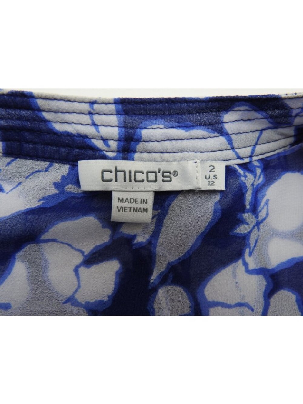 Chico's Georgette Blue White Floral Sheer Blouse Balloon Sleeve Sz 12  2 - Picture 7 of 11